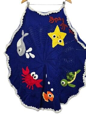 Handmade Blue Ocean Themed Crochet Small Round Baby Throw Blanket Coastal